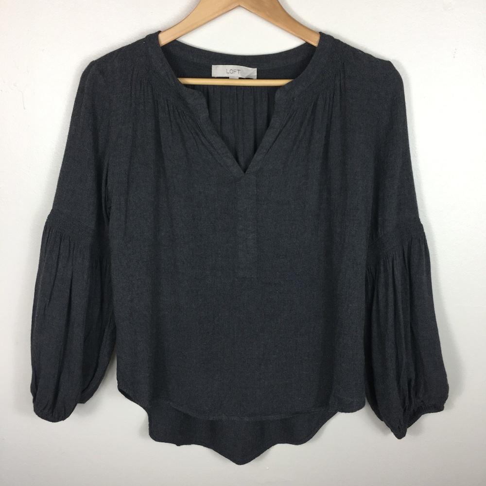 LOFT Flannel Banded Bell Sleeve Flowy Blouse